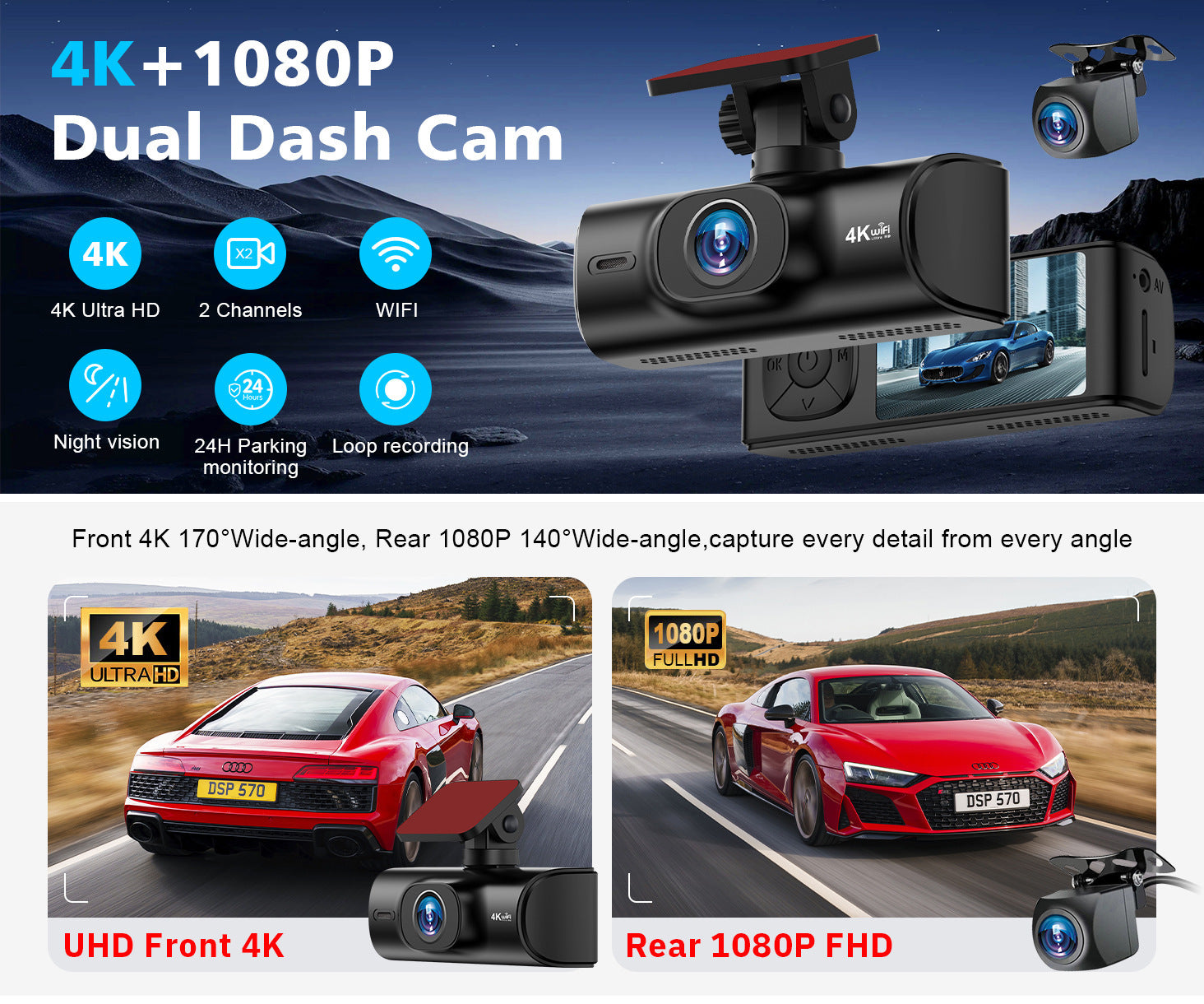 V27Hd4K Driving Recorder WiFi Mobile Phone Interconnection GPS Track Front and Rear Dual Recording Parking Monitoring