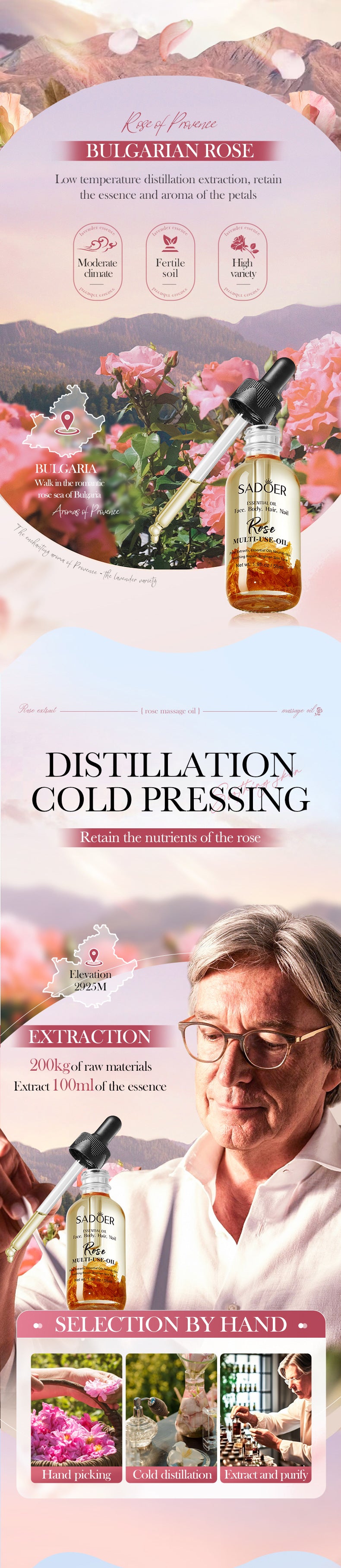 Rose Dried Flower Multi-effect Massage Oil SADOER Moisturizing skin body essential oil cross-border foreign trade wholesale