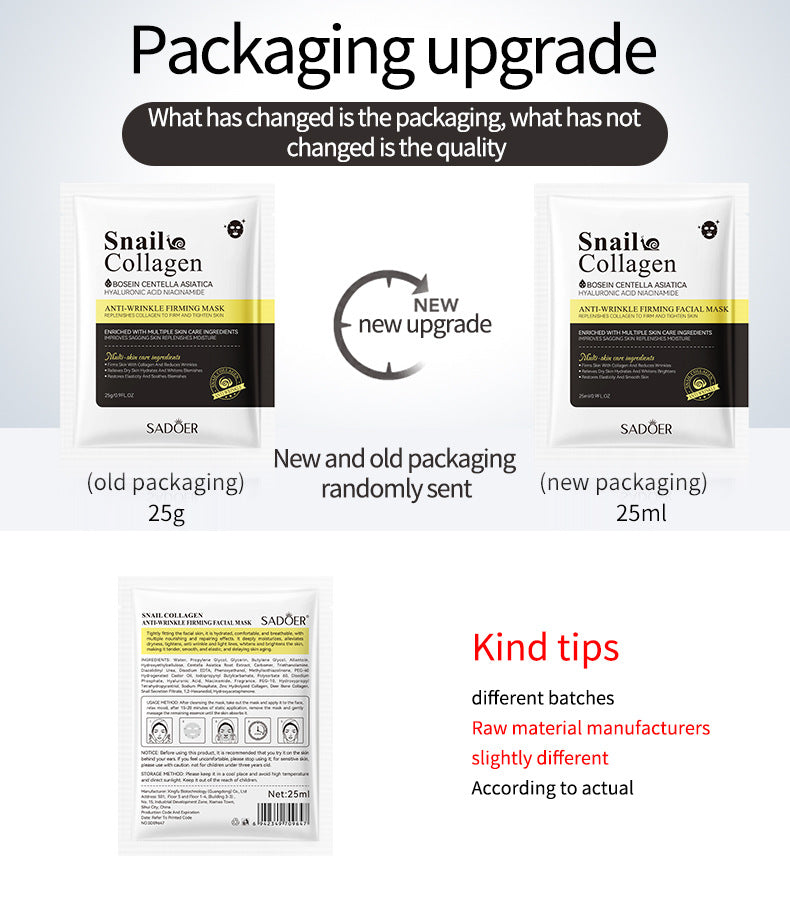 Full English Snail Face Mask SADOER Collagen anti-wrinkle firming delicate skin mask  wholesale