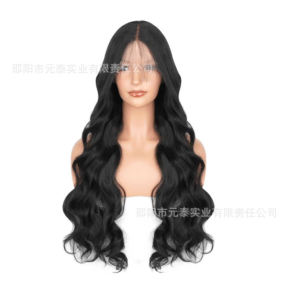 New European and American Style Women's Black Small Middle Part Big Wave Synthetic Long Curly Hair Lace Front Wig Wholesale
