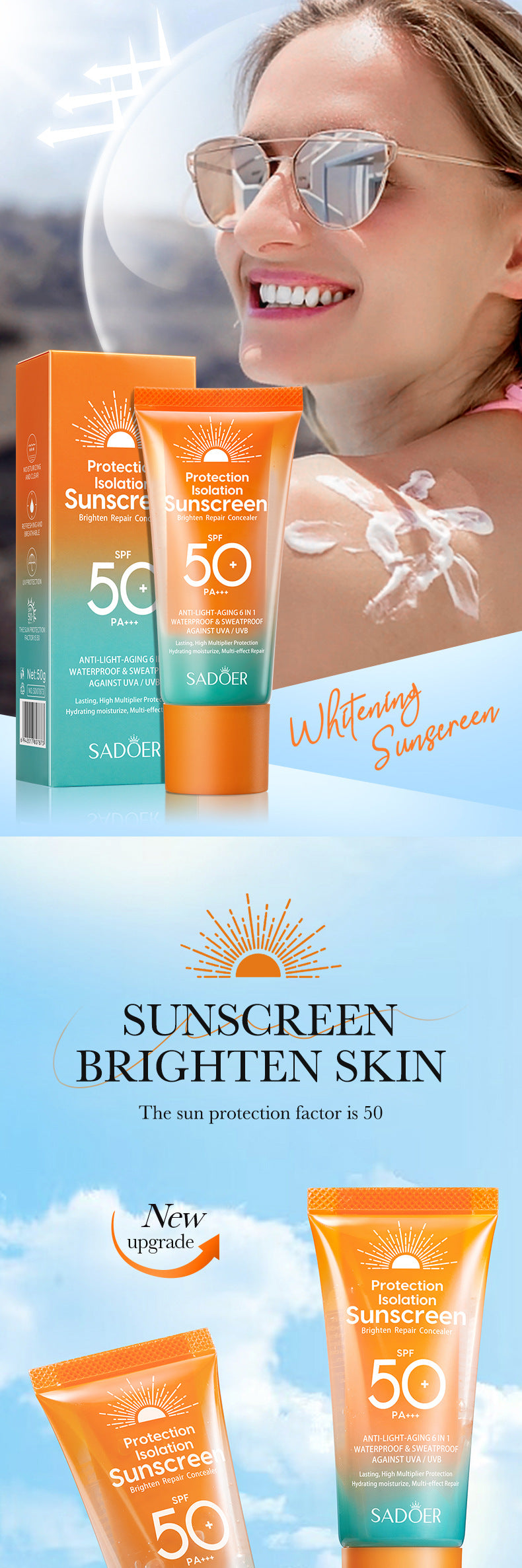 Full English Sunscreen50g SADOER Isolation Sunscreen Repair UV Protection Sunscreen Lotion  Wholesale