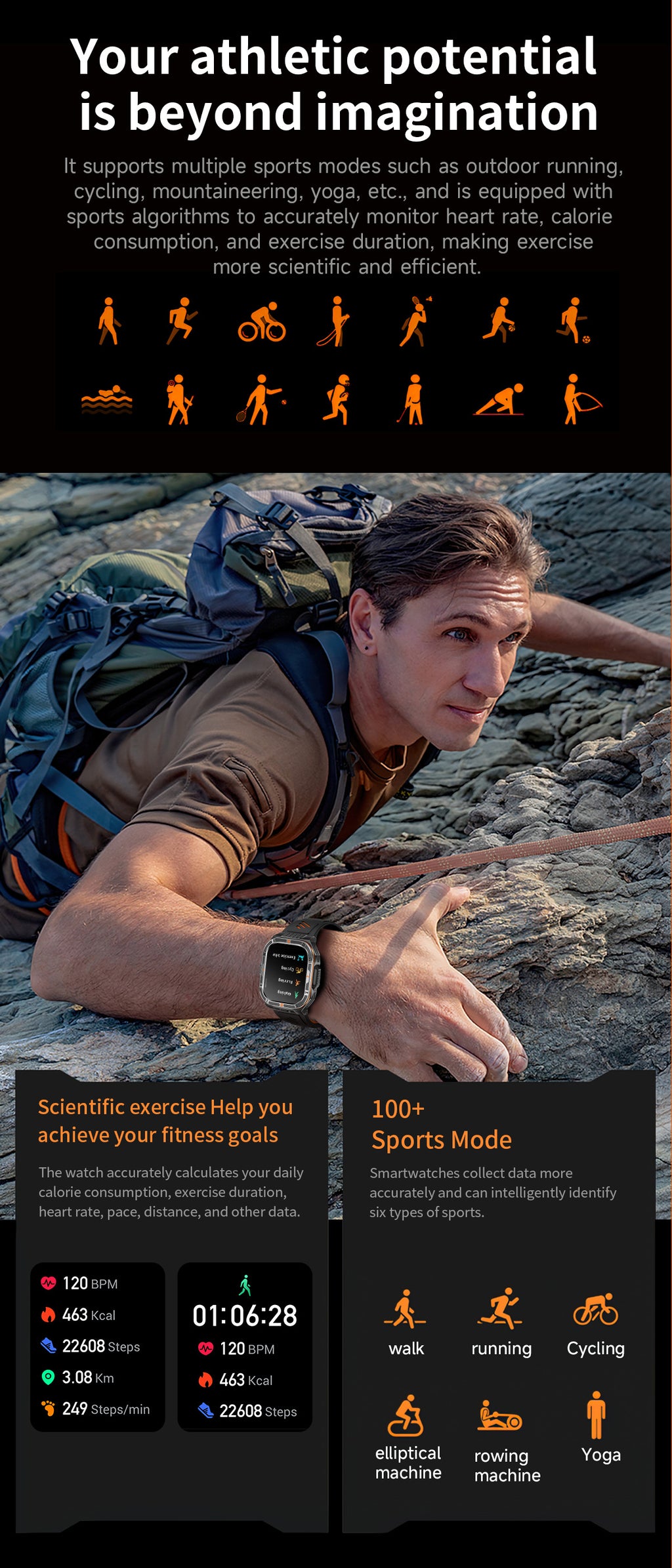 HT38Smart Watch Bluetooth Call Heart Rate Pedometer Sleep Flashlight Deep Waterproof Large Battery Three-Proof Sports