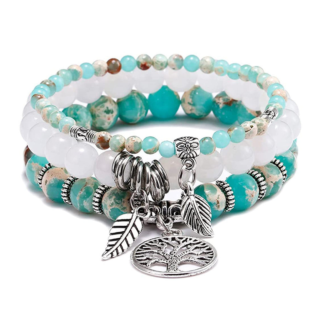Three-layer Protection Shoushan Stone Bracelet Set Bohemian Leaf Tree of Life Pendant Indian Agate Women's Bracelet