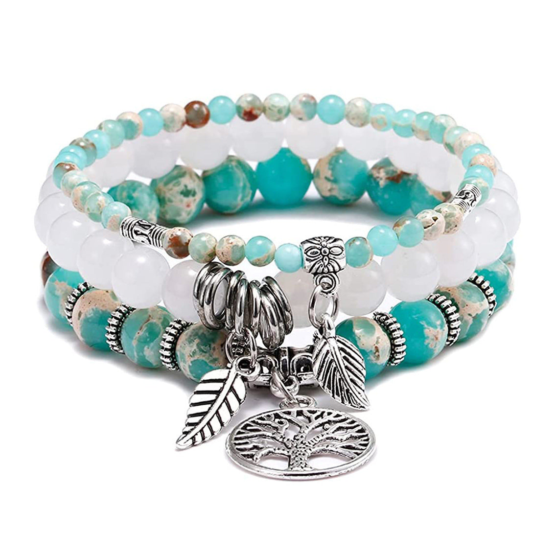 Three-layer Protection Shoushan Stone Bracelet Set Bohemian Leaf Tree of Life Pendant Indian Agate Women's Bracelet