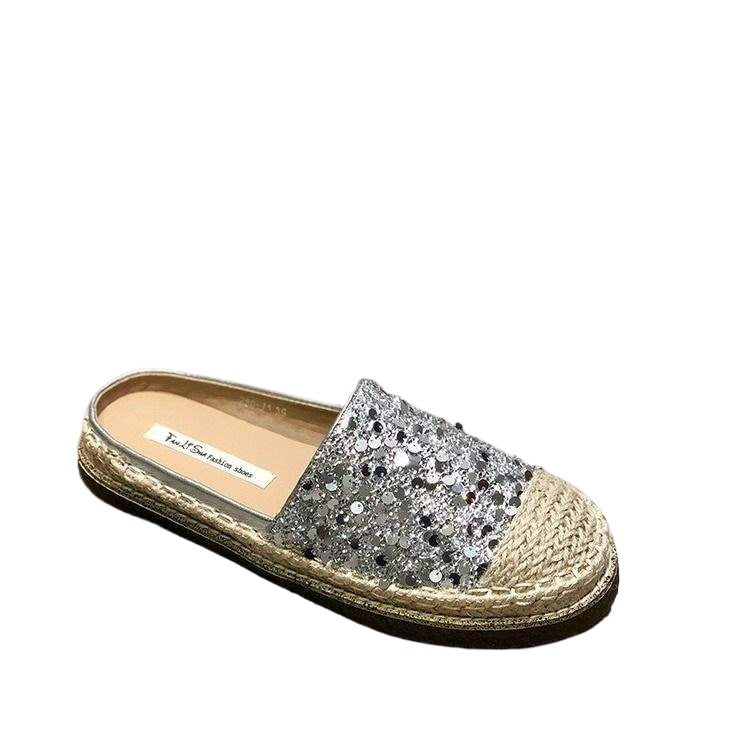 2025Spring New Knitted Retro Round Toe Sequin Slip-On Flat Fashion Closed-Toe Half Slippers Backless Fisherman Shoes