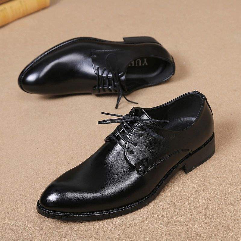 Pointed Toe Lace-Up Business Formal Leather Shoes for Men Korean Version British Style Casual Shoes with Hidden Wedge Versatile Youth Trendy Men's Shoes