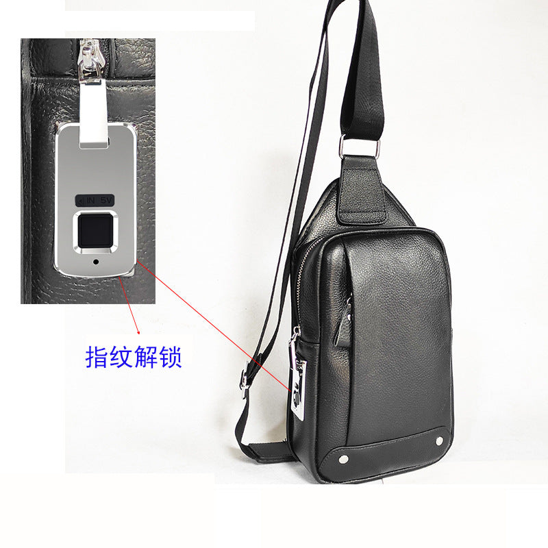 Niche Bag Fingerprint Unlock Men's Top Layer Cowhide Single Shoulder Crossbody Backpack High-End Chest Genuine Leather Chest Bag