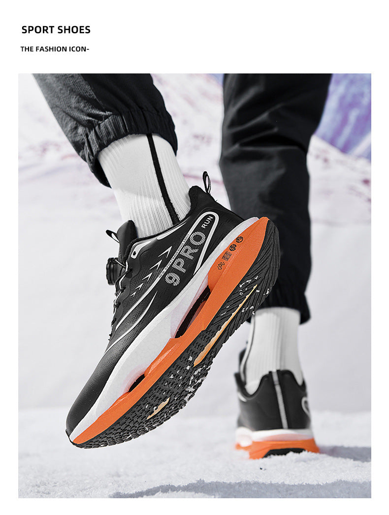 Winter New Leather Surface Fleece-Lined Warm Knob Buckle Sports Shoes Parent-Child Real Carbon Plate Soft Sole Rebound Cushioning Running Shoes