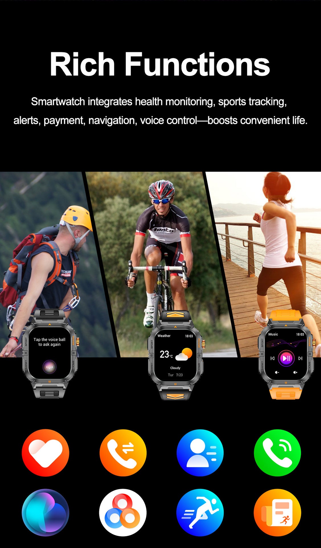 YK12Smart Watch Bluetooth Call True Heart Rate Step Count Sleep Monitoring Deep Waterproof Large Battery Sports Three-Proof