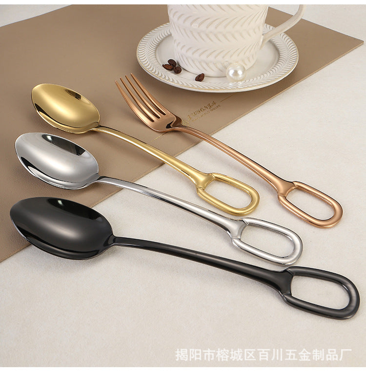 304Stainless Steel Western Cutlery Set with Rings, Steak Knife, Fork, Spoon, European Style Hanging Hole Tea Spoon with Tail Set