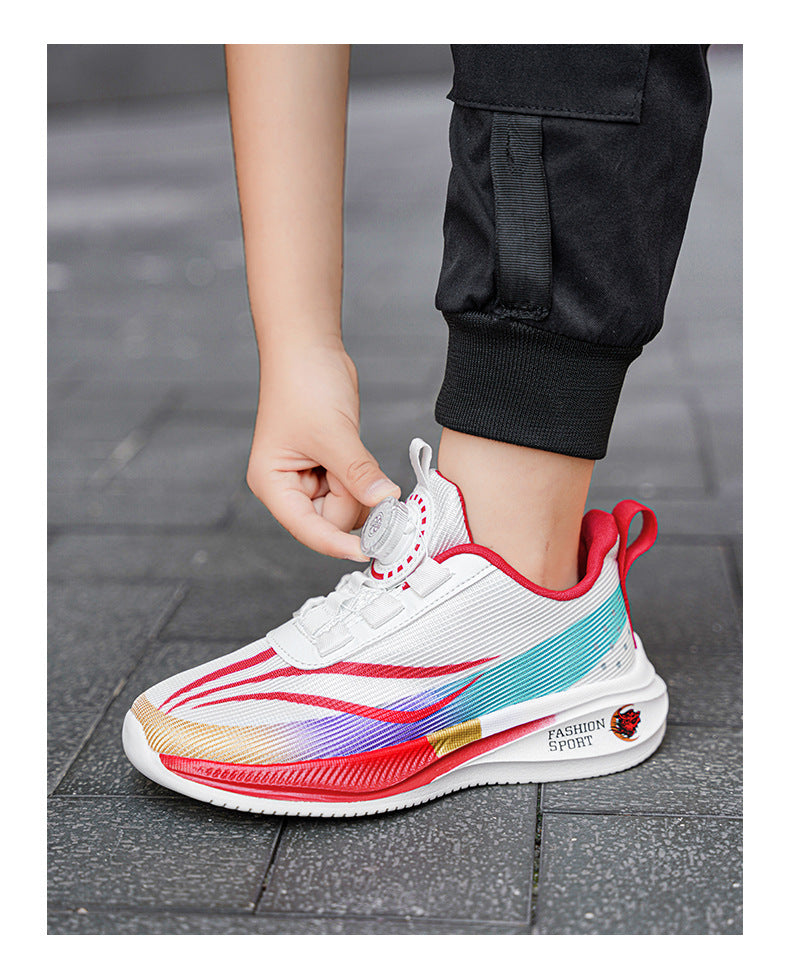 New Children's Shoes Breathable Rotating Button Sneakers Red Rabbit Casual Big Kids Shock Absorption Non-Slip Running Shoes