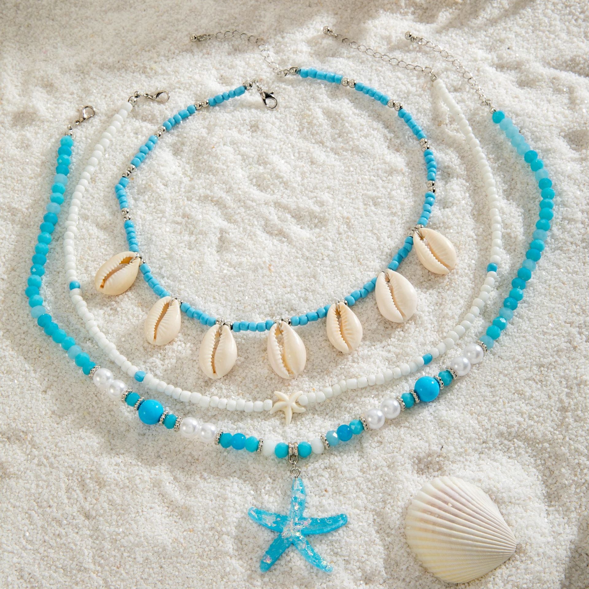 Jewelry Beaded Necklace Beach Imitation Pearl Necklace Starfish Shell Retro Vacation Small Multi-layer Necklace for Women