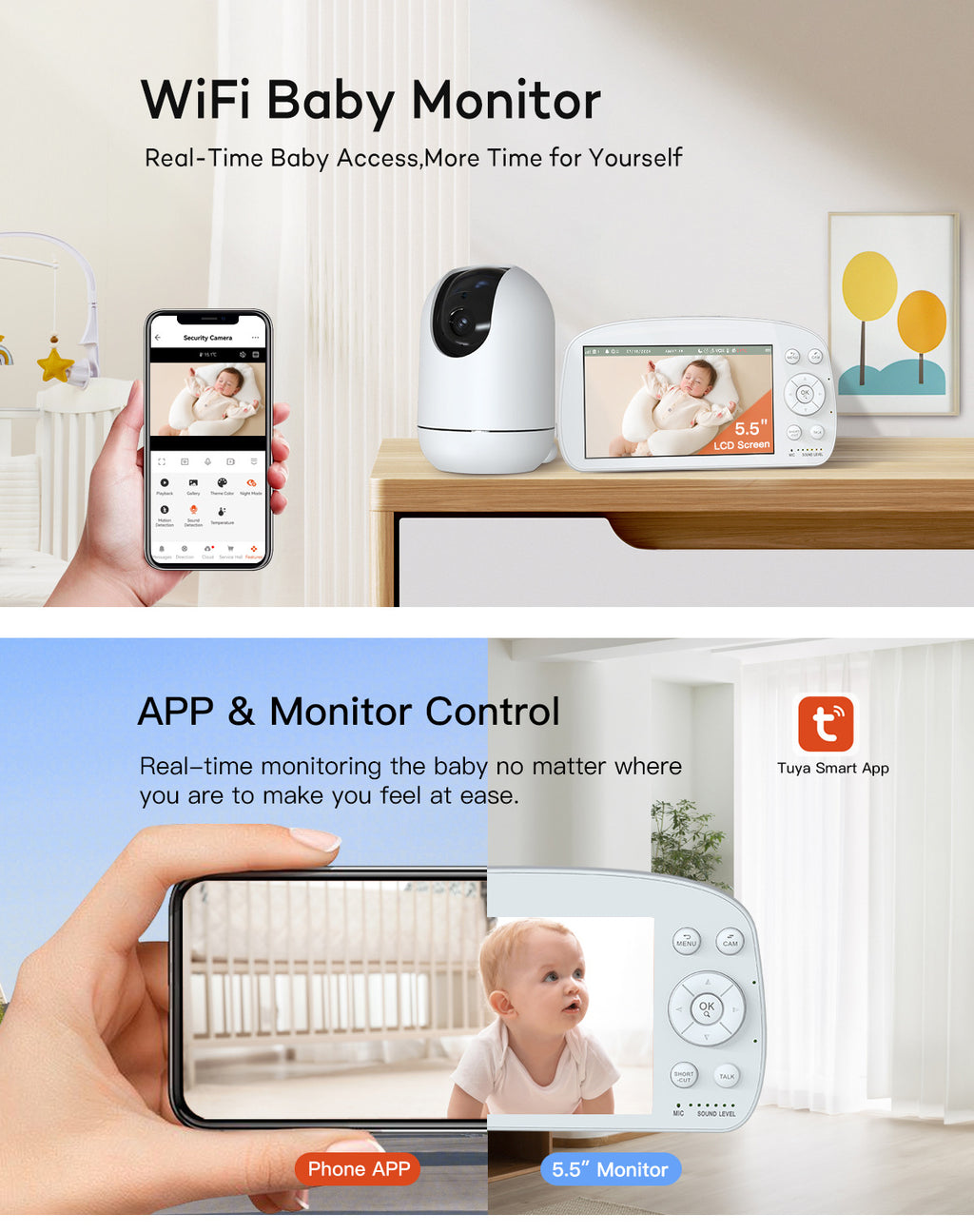 Factory Direct Smart Baby Monitor with Crying Detection Tuya babymonitor Baby Care Device