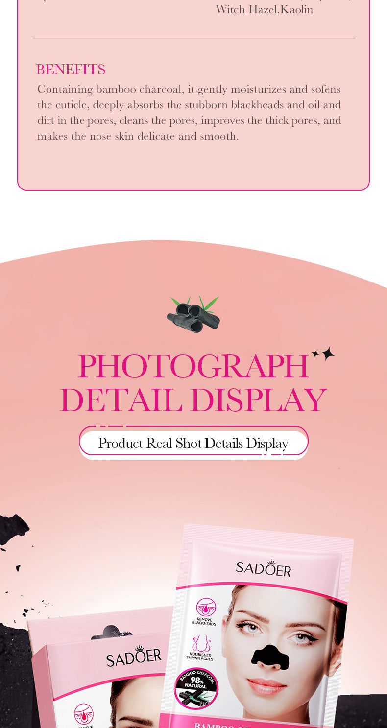 Full English Bamboo Charcoal Women's Nose Strips SADOER Deep Cleansing Blackhead Removal Nose Strips  Wholesale