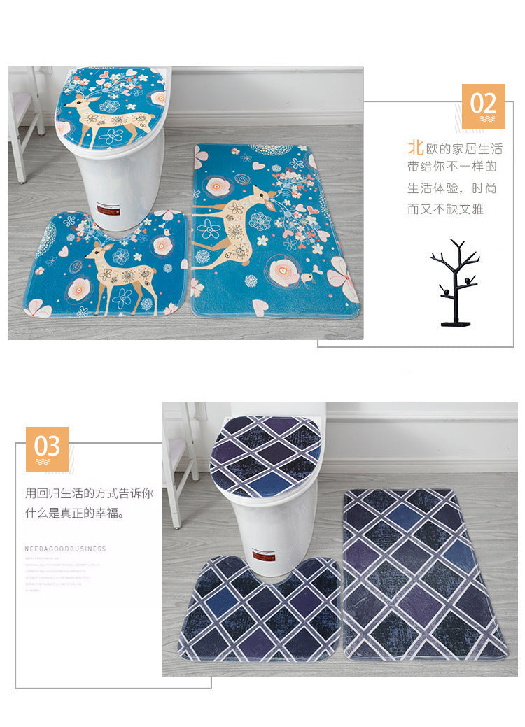 Coral Fleece Toilet Three-Piece Set Bathroom Mat Flannel Water Absorption Non-Slip Foot Mat Manufacturer Label