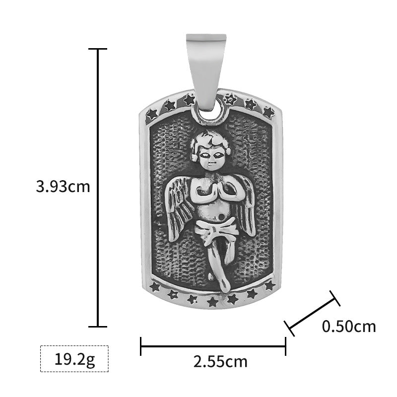New Stainless Steel Square Angel Pendant Necklace for Men, Vintage Style, Titanium Steel Pendant, Factory Wholesale