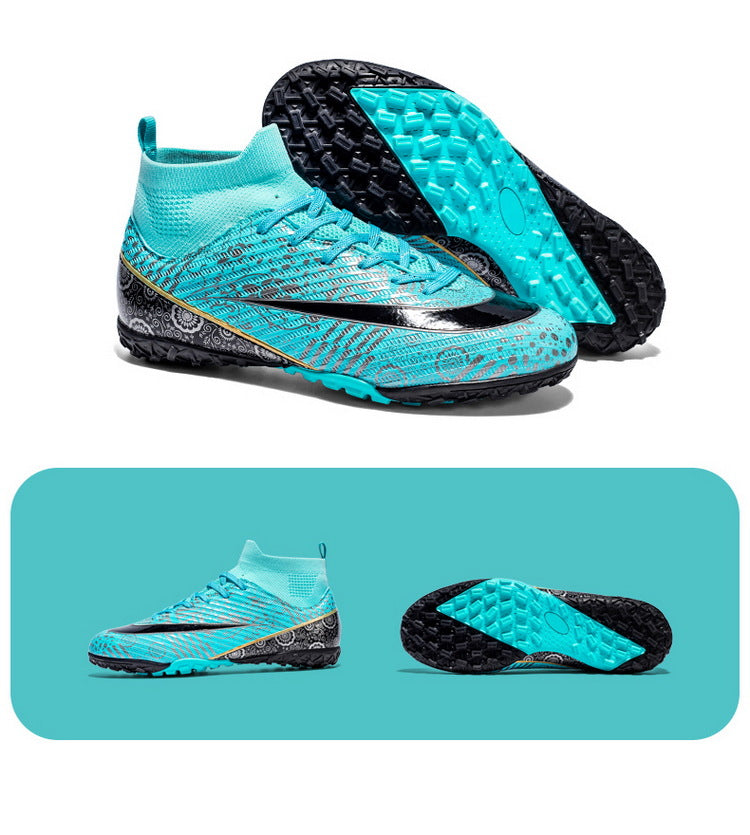 World Cup Same Style Blue and White Porcelain High-top Soccer Shoes for Men and Women, Children and Youth Competition Training Shoes