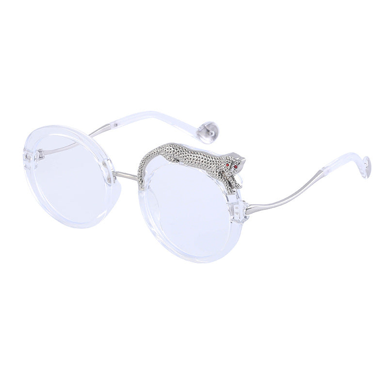 2025New Anti-Blue Light Glasses for Women Leopard Head Diamond-Studded European and American Round Frame Sunglasses Trendy Large Frame Sunglasses High-End Feel