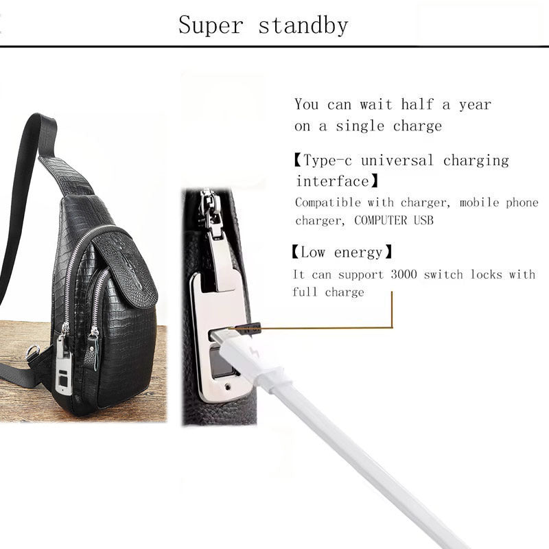 Fingerprint Lock Bag Men's Travel Sports Crossbody Bag Top Layer Cowhide Crocodile Pattern Security Password Lock Genuine Leather Chest Bag