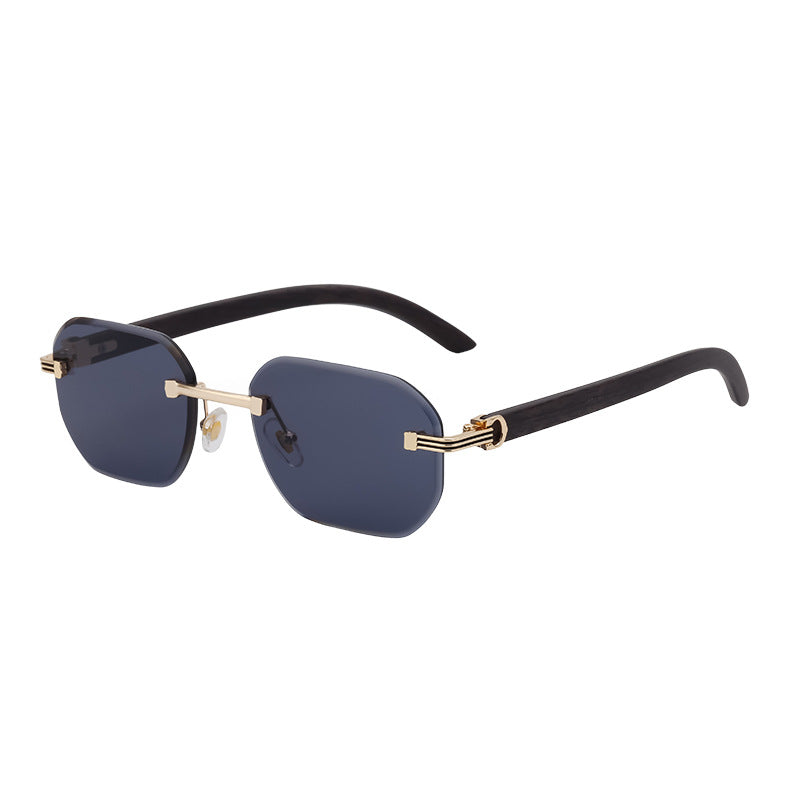 【Customization】Diamond Cut Rimless Glasses for Men, European and American Retro Style, Imitation Wood Grain Temple Sunglasses, Sun Protection Sunglasses