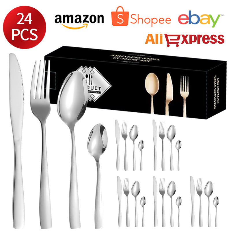 410Stainless Steel Tableware24Set of Hotel Western Dining Square Handle Steak Knife, Fork, Spoon, Tea Spoon