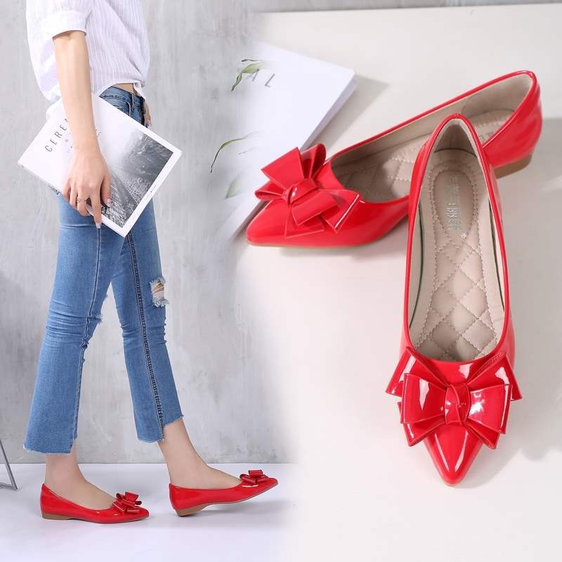 Red Bride Shoes Loafers Flat Women's Single Shoes Pointed Toe Fashion Korean Style Casual Versatile Soft Leather Soft Sole Shoes