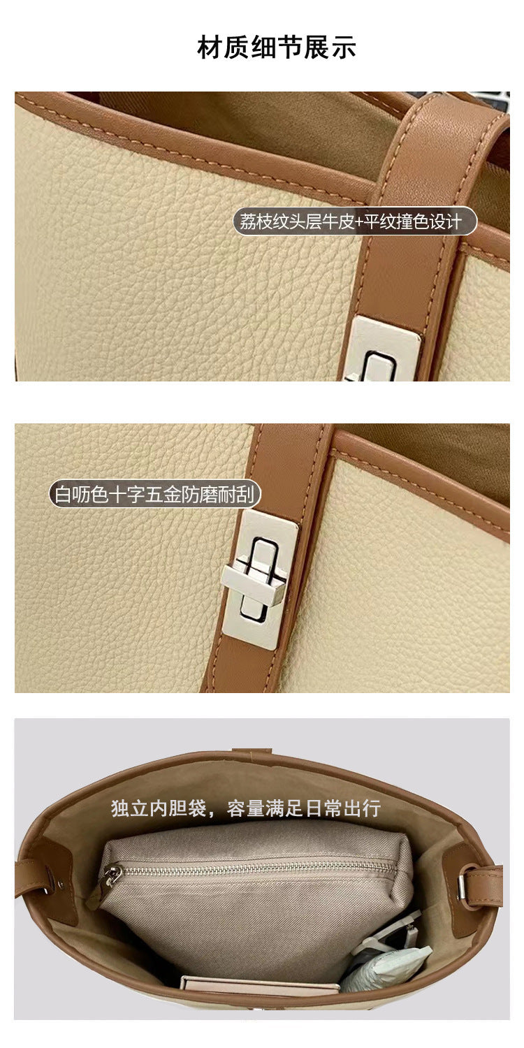 European and American Retro Large Capacity Single Shoulder Bucket Bag Daily Use Top Layer Cowhide Crossbody Women's Bag