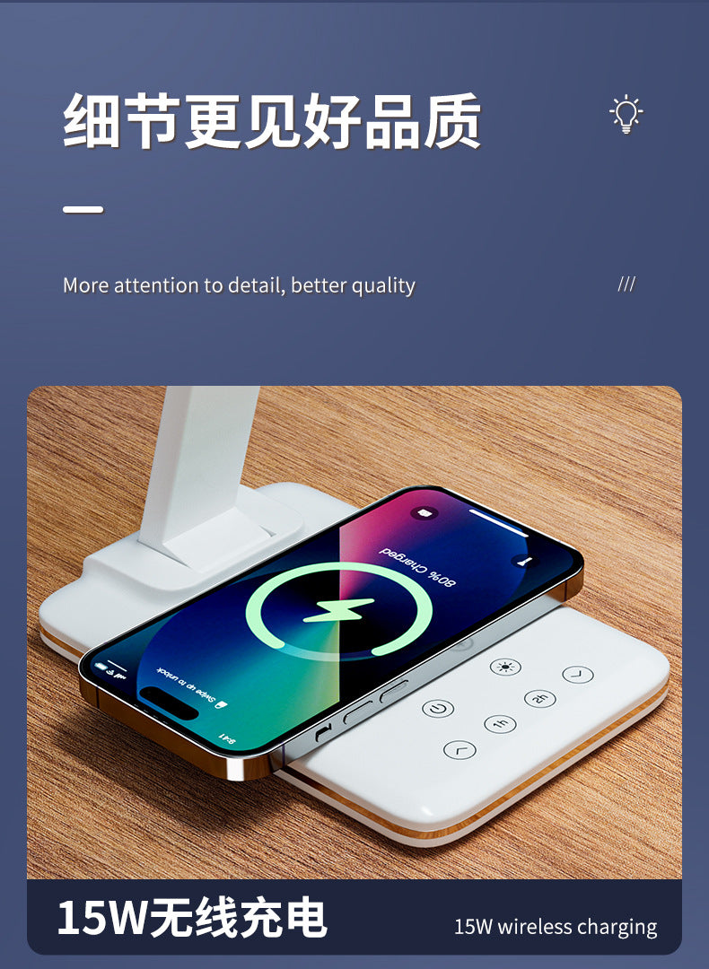 Multi-Functional Eye Protection15w Wireless Charger Table Lamp Dormitory Learning Reading Foldable Perpetual Calendar Alarm Clock Desk Lamp