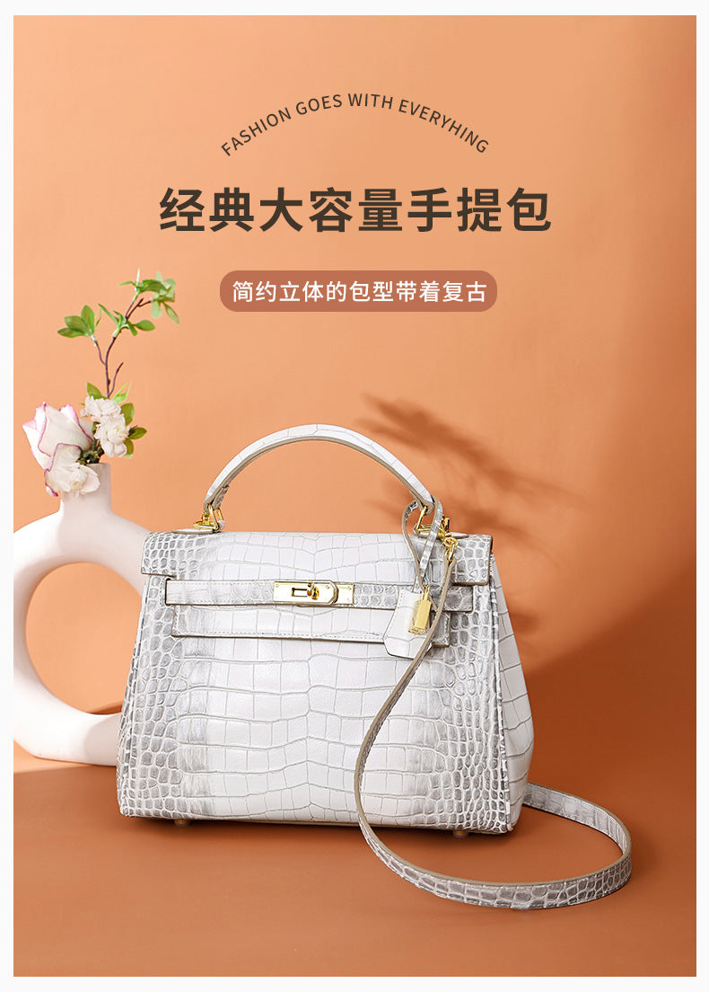 European and American Crocodile Pattern Kelly Bag Large Capacity Light Luxury Fashion Single Shoulder Crossbody Bag Versatile Niche Handbag for Women