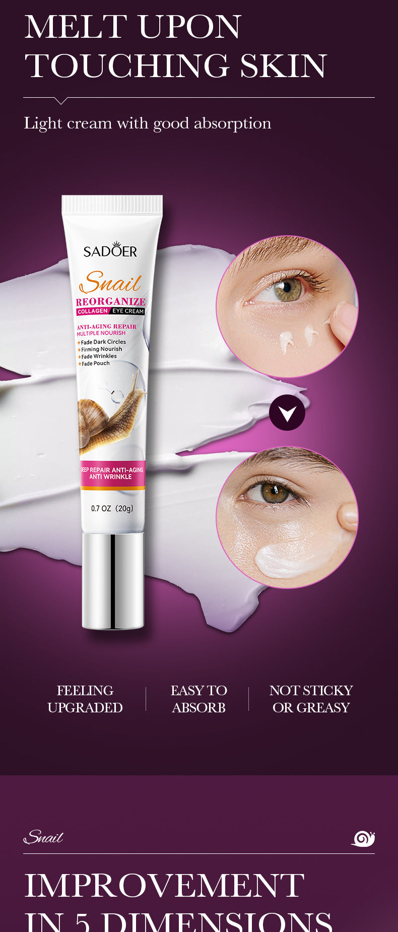 Snail Eye Cream20g SADOER Collagen improves dark circles and wrinkles cross-border wholesale