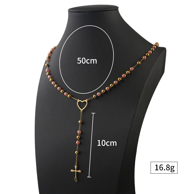 2025Autumn Winter New Style Personality Cross Titanium Steel Necklace Light Luxury Niche Stainless Steel Beaded Sweater Chain for Women