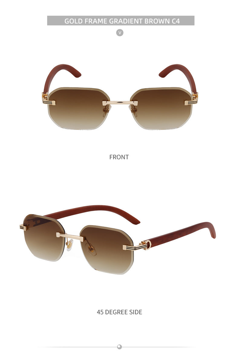 Frameless Glasses for Men High-End European and American Retro Imitation Wood Grain Temple Sunglasses UV Protection Personality Sunglasses