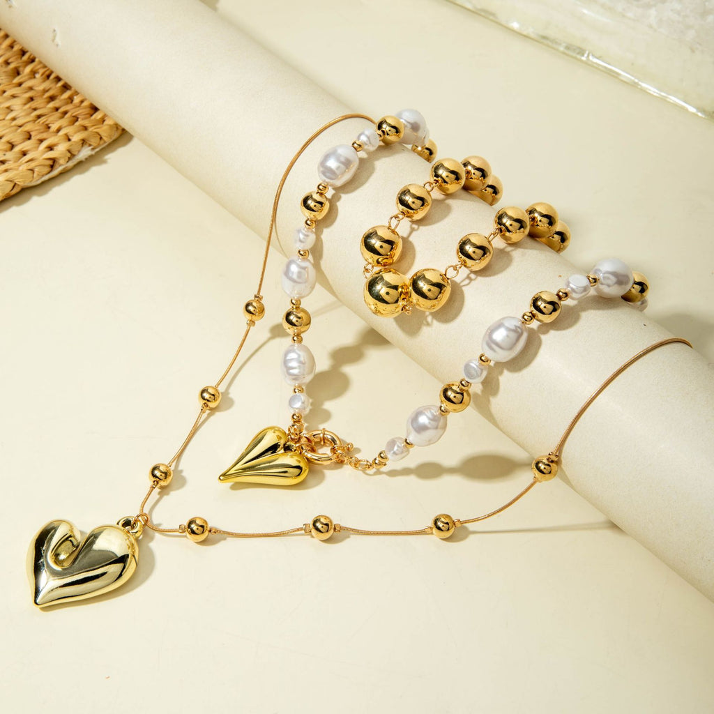 Ornament Layered Wear CCB Peach Heart Necklace Wholesale Baroque Metal Pendant Pearl Necklace