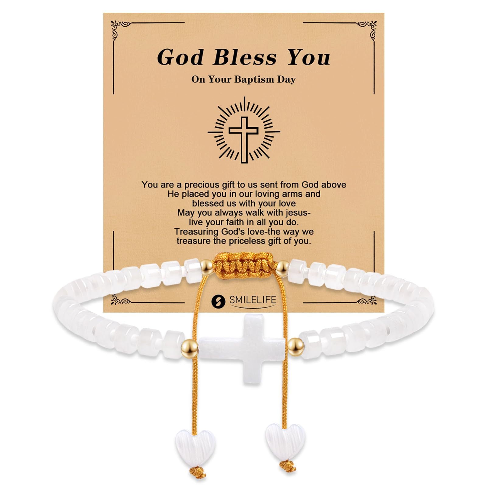 Women's Handmade Woven Bracelet with Heart Pendant, Spacer Beads, Gold Beads, Blessing Card, Stretchable Cross Woven Bracelet