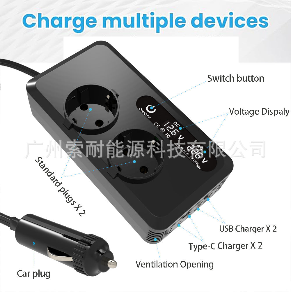European Standard Socket Car Inverter200W Export12V Turn230V with Digital Display Double USB Double Type-C