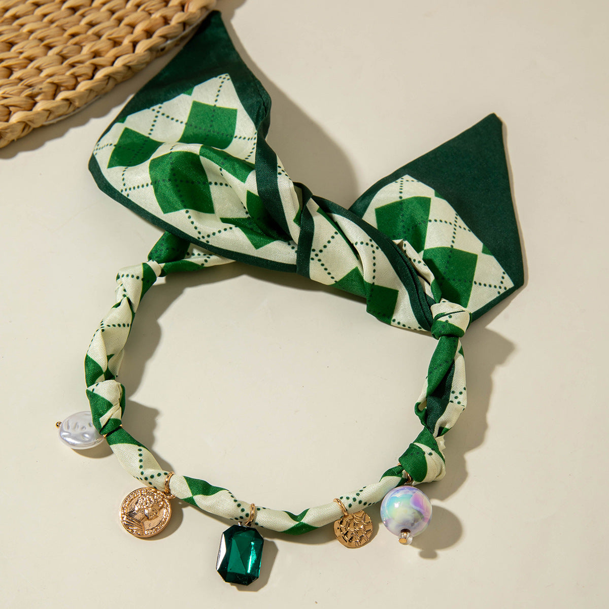 European and American Style Long Silk Scarf Necklace, Light Luxury High-End Feel, Multiple Pendants, Pearl Colorful Silk Scarf Necklace