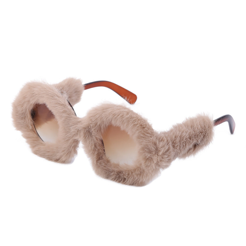 Full Coverage Plush Sunglasses Fashion Round Frame Women's Internet Celebrity Same Style Sunglasses Women's European and American Sunglasses