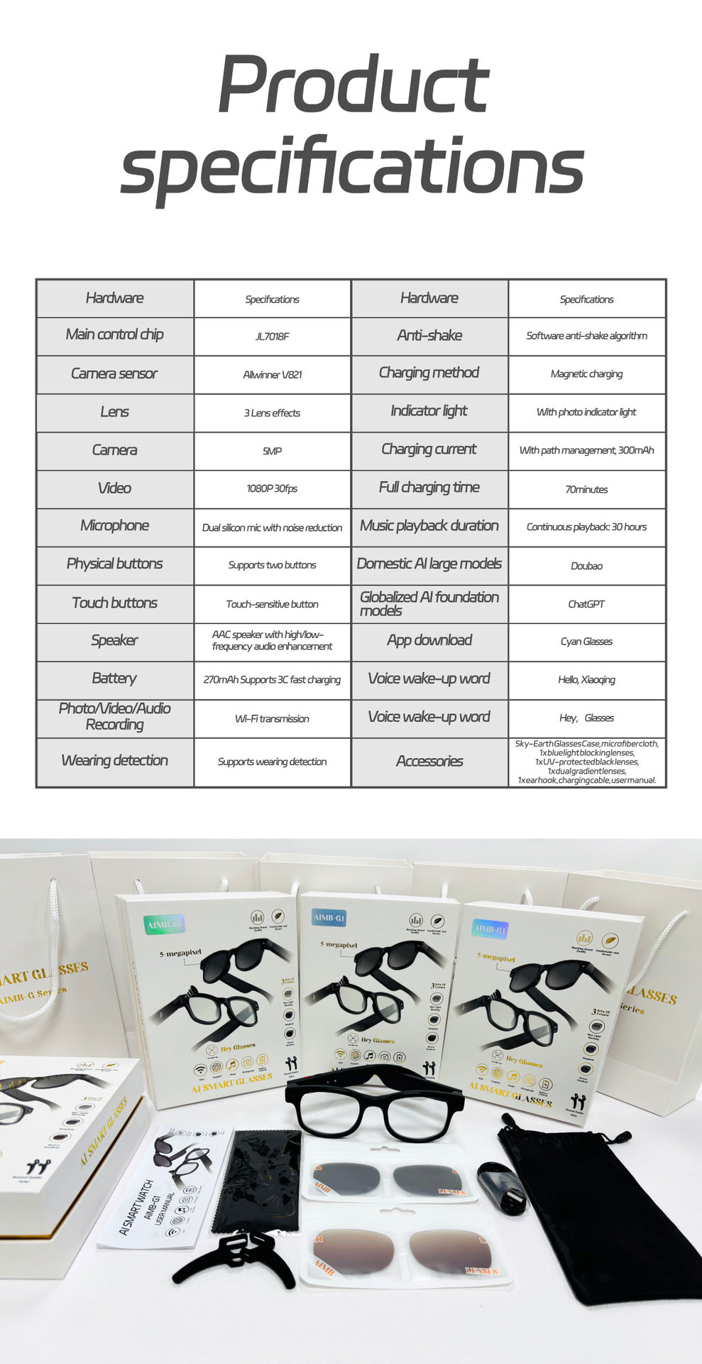 AIMB-G1Smart Glasses800100 Megapixel Camera Ai Simultaneous Translation Recognition1200P Video Recording Audio Recording