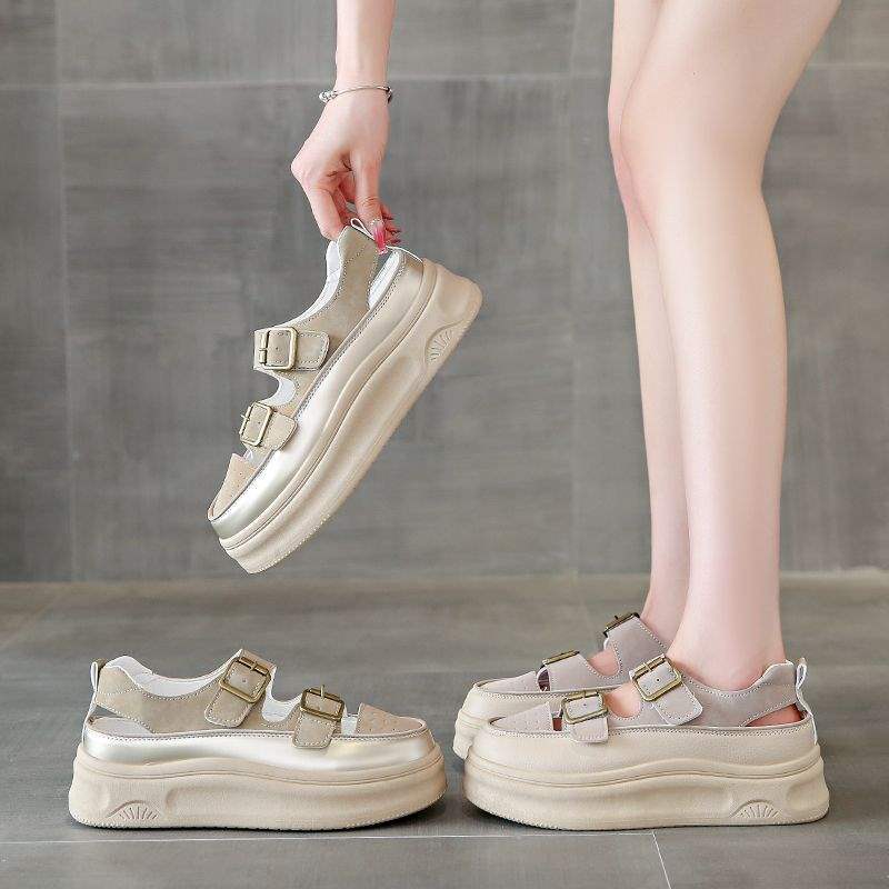 Women's Roman Closed-Toe Sandals2025Summer New Hollow Out Platform Wedge Thick Sole Height Increasing White Shoes Clogs