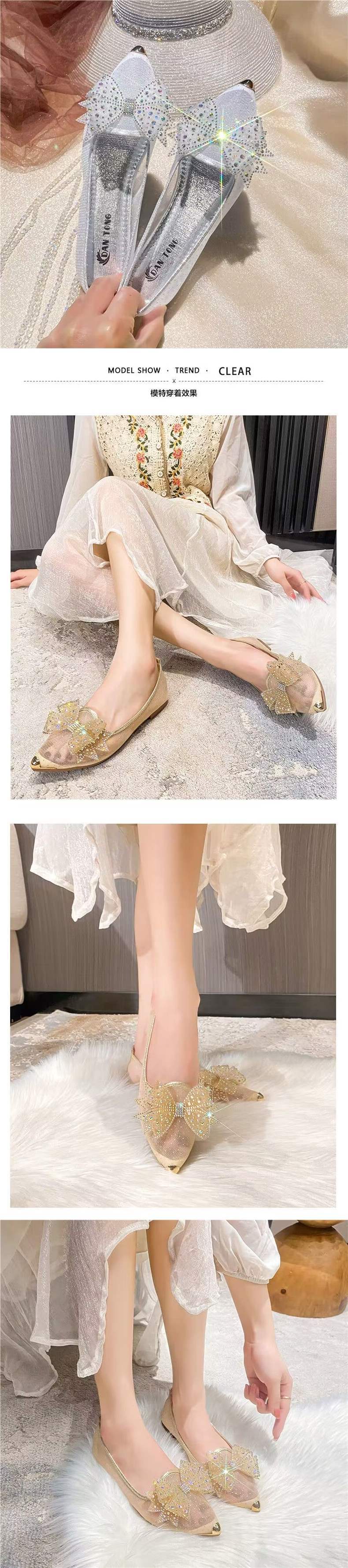 Women's Summer Mesh Single Shoes2025New Rhinestone Bow Gentle Style Lady Shoes Flat Breathable Mesh Shoes Pointed Toe