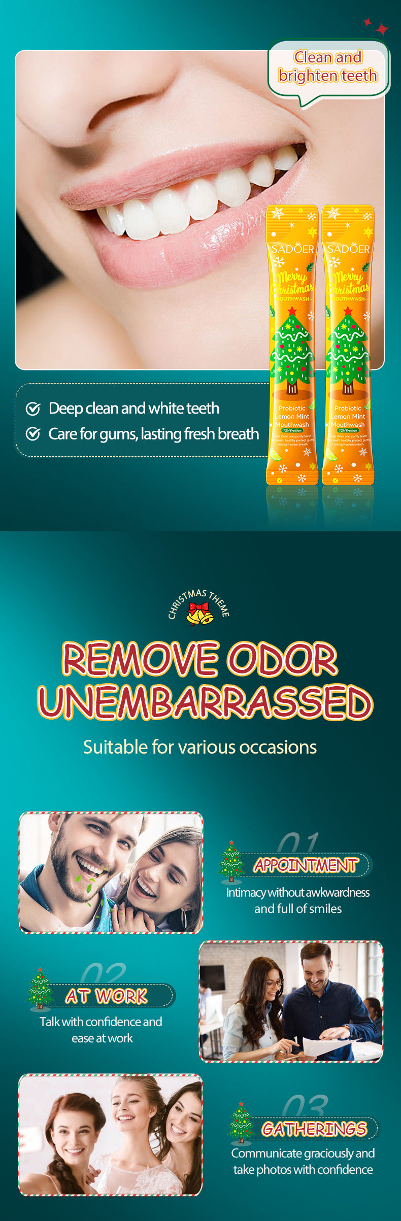 Cross-border Christmas Probiotic Mouthwash Strips10ml  SADOER Green Lemon Mint Export Manufacturer Wholesale