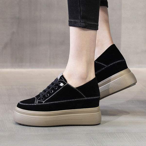 Thick-Soled Height-Increasing Women's Shoes Spring New Style Platform Shoes Slip-On Petite Casual Shoes Versatile Black