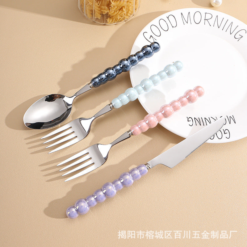 Pearl Ceramic Handle Knife European Style Set Light Luxury Nordic Style304Stainless Steel Western Cutlery Knife Fork Spoon INS