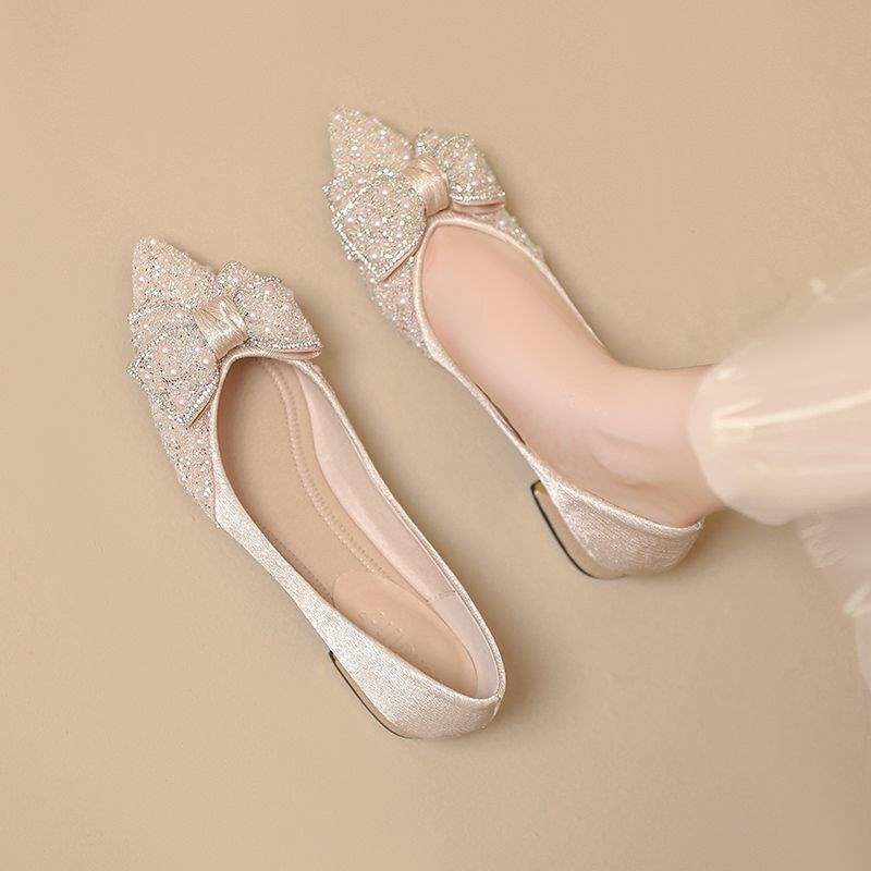 French high heels thick heel bowknot single shoes for women in summer2025New style rhinestone shiny women's shoes, two-way wear