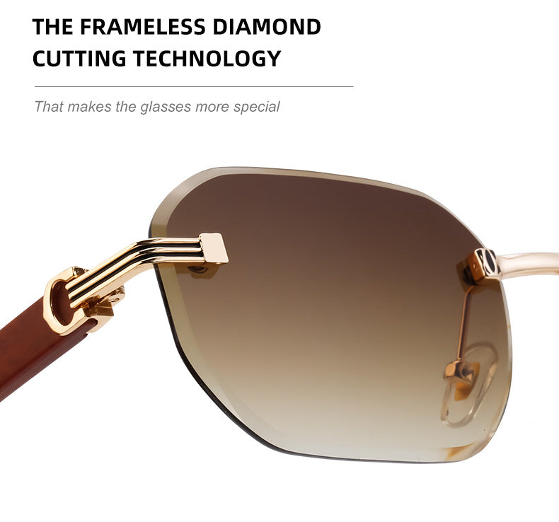 【Customization】Diamond Cut Rimless Glasses for Men, European and American Retro Style, Imitation Wood Grain Temple Sunglasses, Sun Protection Sunglasses