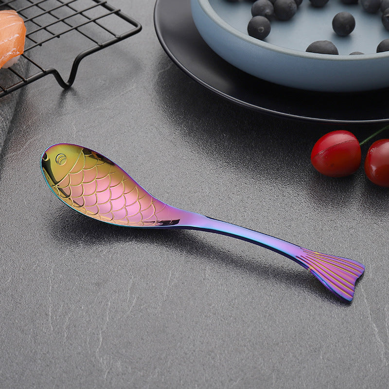 304Stainless Steel Spoon Cooking Restaurant Spoon Pickled Fish Spoon Cartoon Spoon PVD Titanium-plated Colorful Fish Tail Cute Spoon