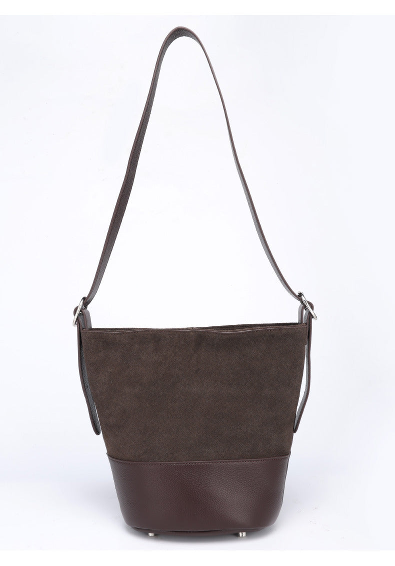 European and American Style Matte Single Shoulder Crossbody Bag for Women, Large Capacity Genuine Leather Fashion Versatile Color-Block Handbag Bucket Bag Underarm Bag for Women