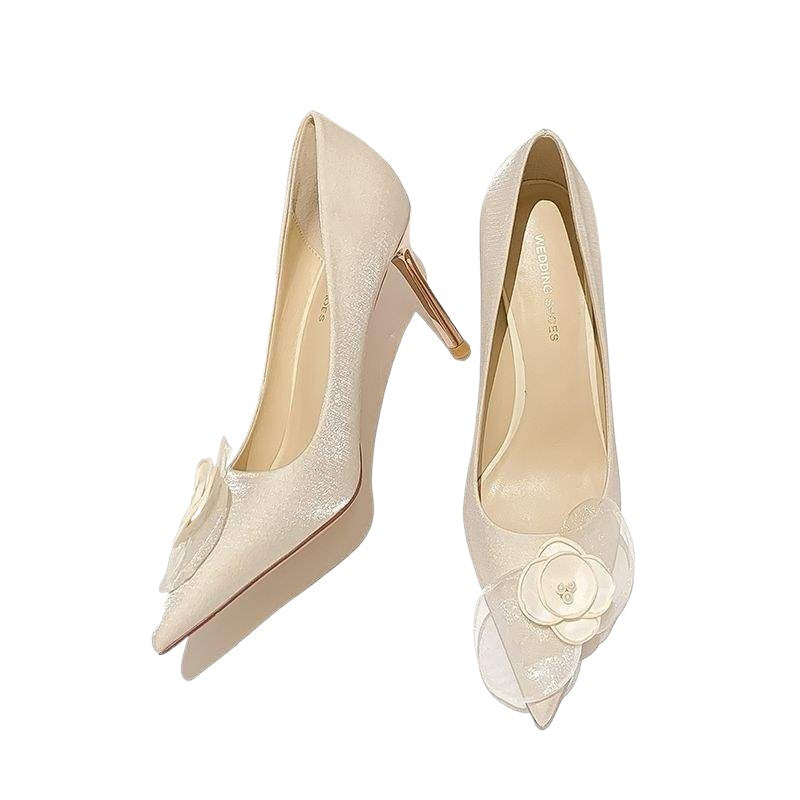Champagne French Wedding Shoes for Women2025New Year's Bride and Bridesmaid Shoes, Comfortable Thin Heel High Heels with Unique Design