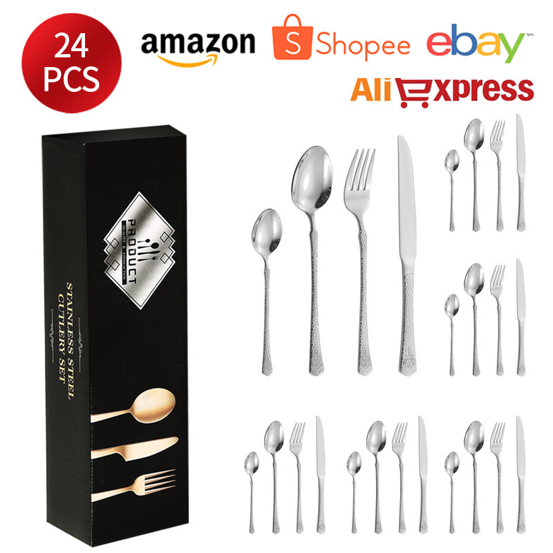 410Stainless Steel Tableware Hotel Restaurant Hammered Knife Fork Spoon24Set of High-End Western Cuisine Embossed Steak Knives and Forks