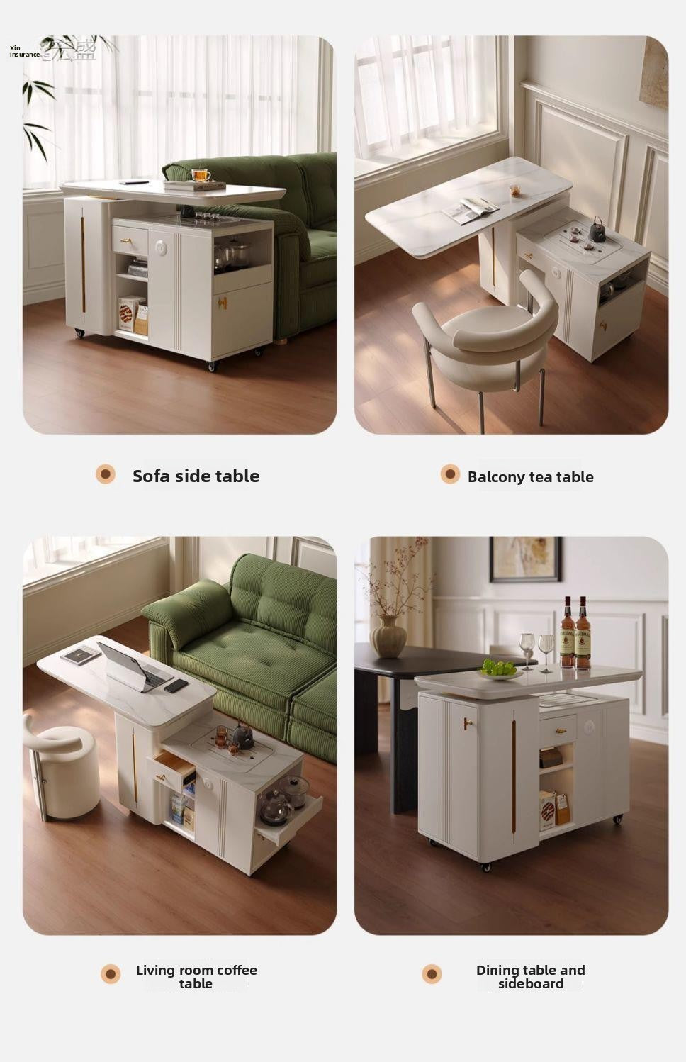 All Solid Wood Movable Tea Table Tea Desk Home Tea Cart Light Luxury Modern Rock Plate Rotating Balcony Table Chair with Wheels Tea Cart